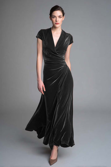 Black Velvet V Neck Long Formal Dress with Sleeves